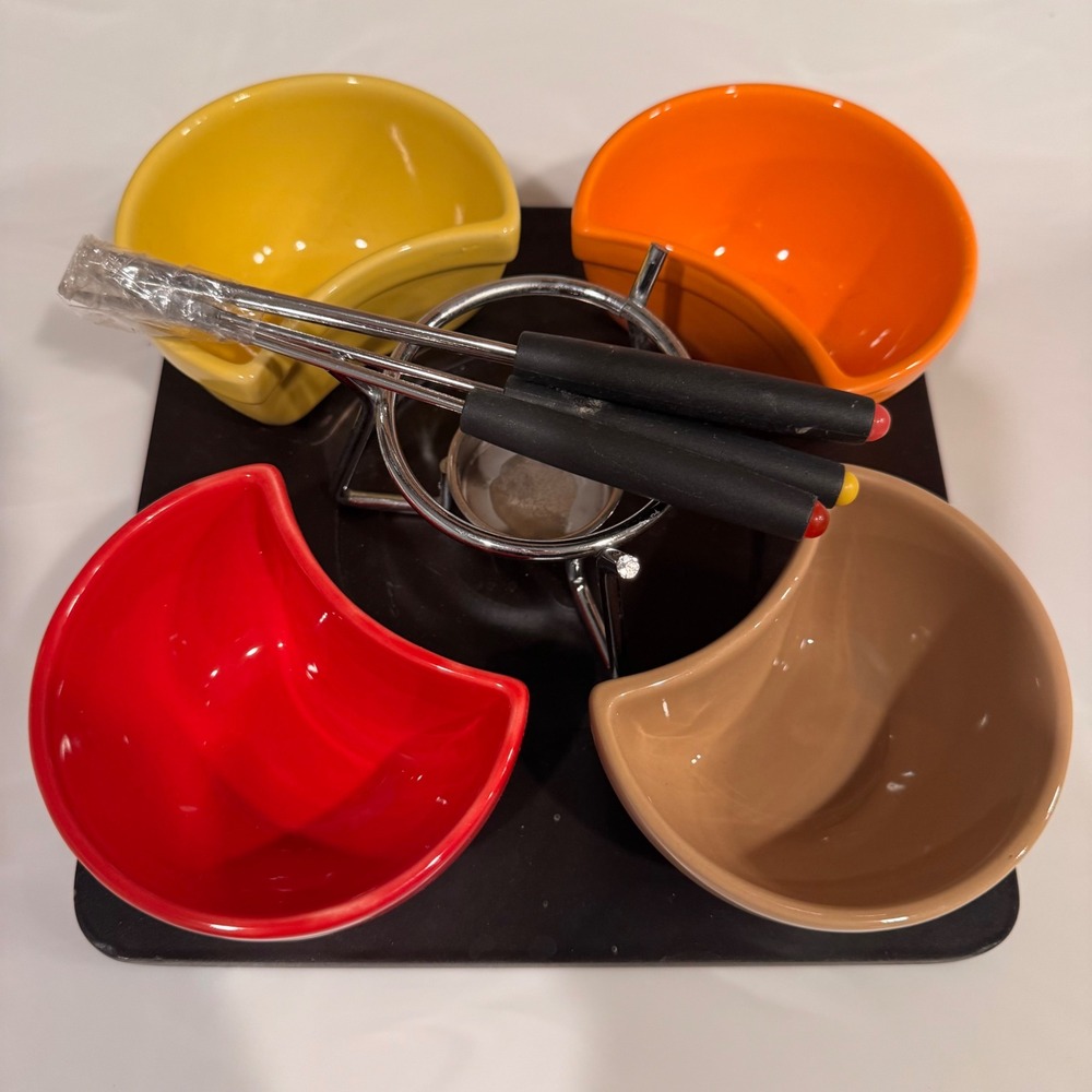 Pier 1 Imports Retro Colorful Stoneware Fondue Set 4 Bowls Forks MCM Style